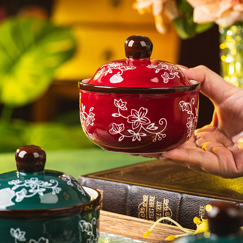 藤花炖盅陶瓷瓦罐汤炖盅家用高颜值蒸盅隔水炖带盖一人份汤盅炖罐