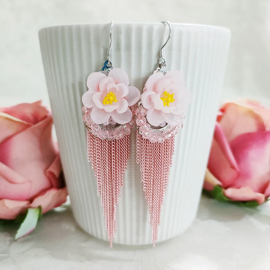 铜合金玻璃耳饰 民族风手工气质花瓣流苏耳环1699