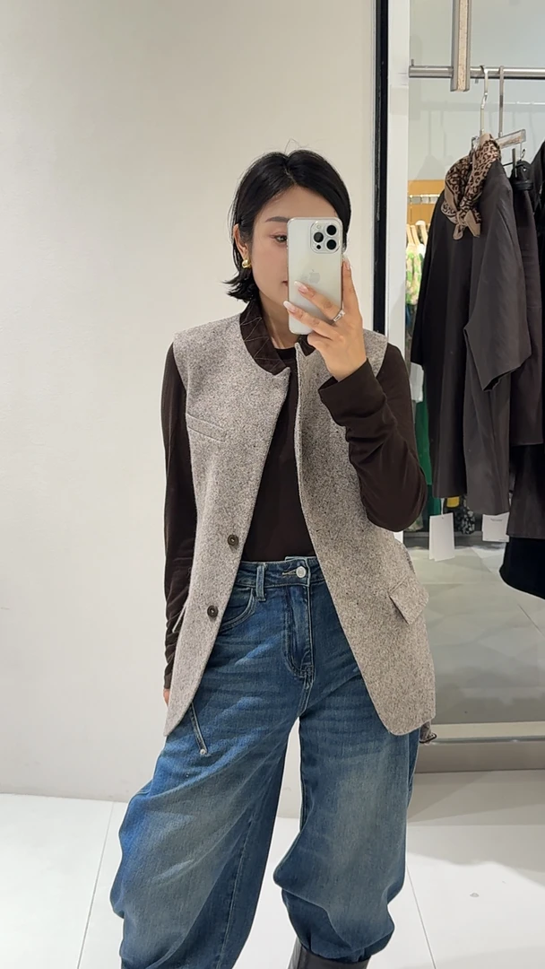 立领女牛角扣短外套单排扣拼接秋冬染色长款马夹上衣