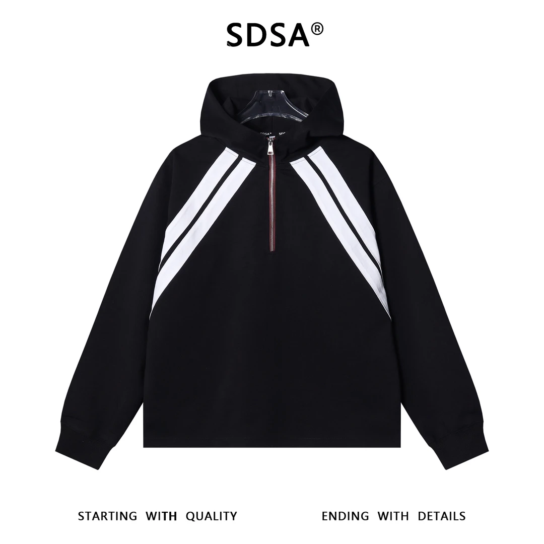 SDSA秋冬新款痞帅男装韩版撞色织带半拉链立领连帽卫衣百搭上衣
