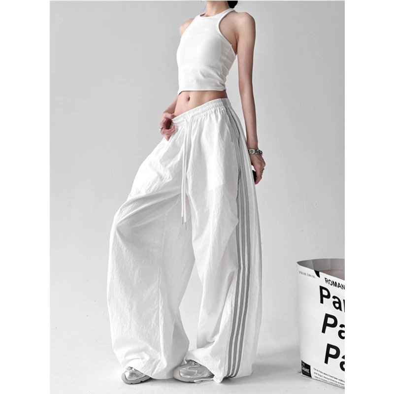 美式嘻哈辣妹白色三条杠条纹速干休闲裤女夏季宽松跳舞穿搭阔腿裤