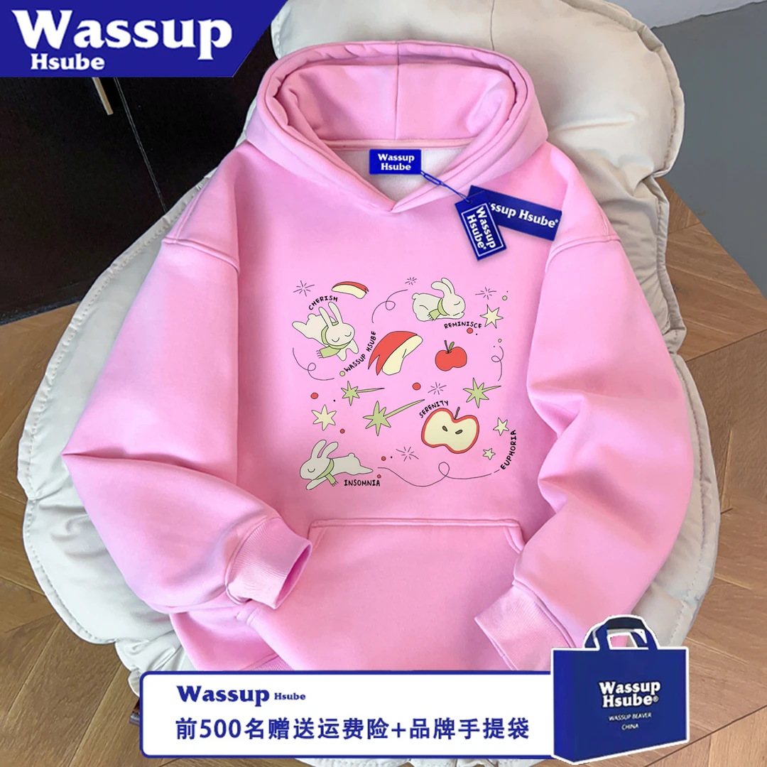 WASSUP HSUBE潮流宽松秋冬印花休闲长袖兔子苹果百搭卫衣情侣上衣