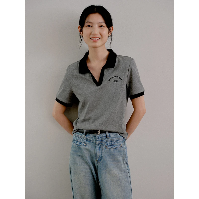 素典年中清仓【1918】休闲撞色Polo短袖T恤小个子刺绣短款显瘦上衣