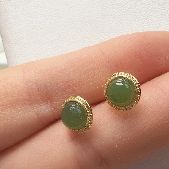 和田玉银S925镀金镶嵌耳饰