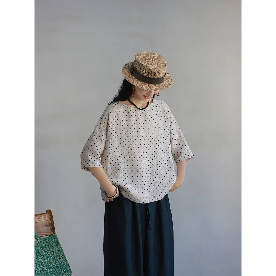 麻霖夏季新品21支原色雨露麻杏色小波点印花轻薄款圆领套头上衣