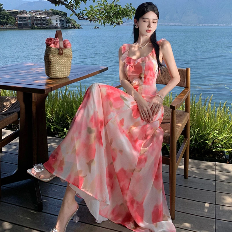 印花无袖吊带长裙木耳边温柔风大摆连衣裙夏季旅游拍照度假沙滩裙