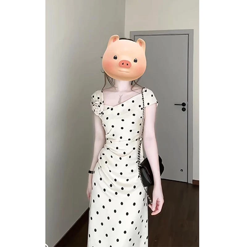 法式爆款立体花朵收腰设计感白色波点连衣裙女2025春秋高级感长裙