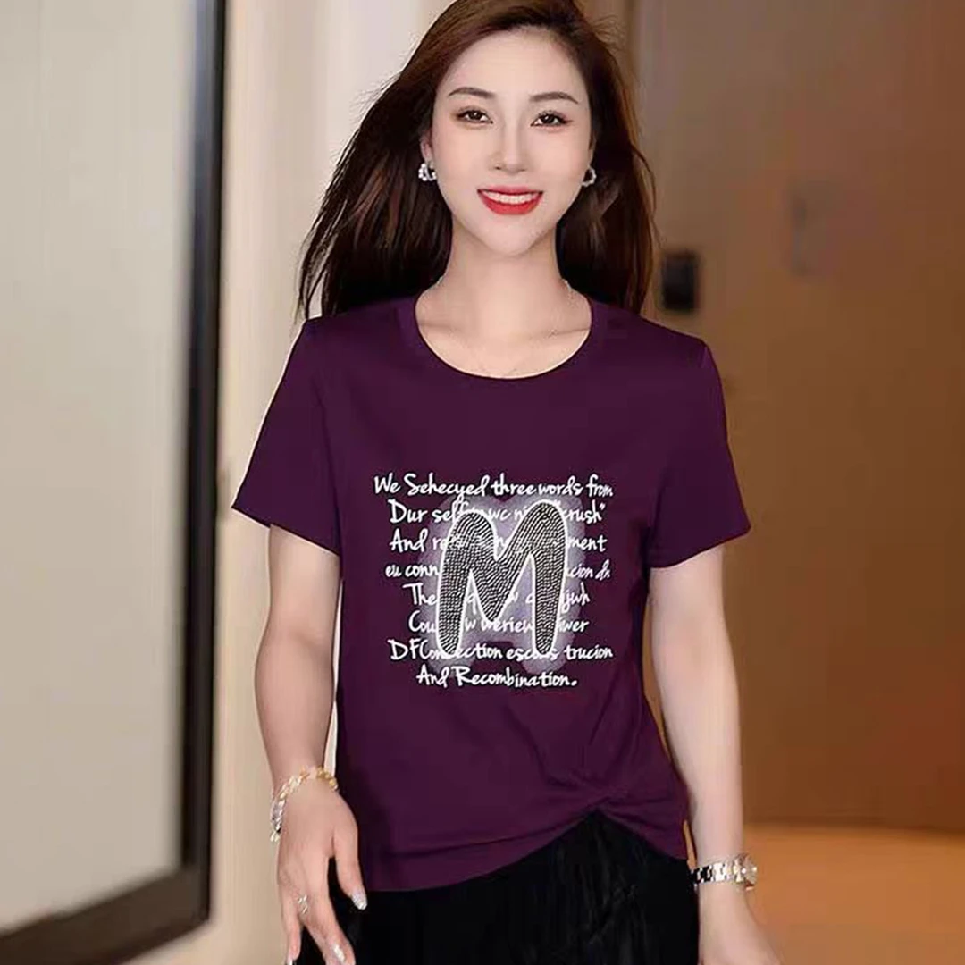 7237#大新款夏季字母烫钻印花短袖遮肚藏肉圆领T恤衫时尚上衣女