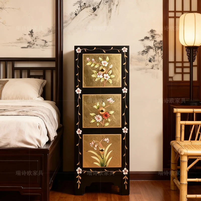 新中式金箔储物柜边柜花卉斗柜古典三斗柜