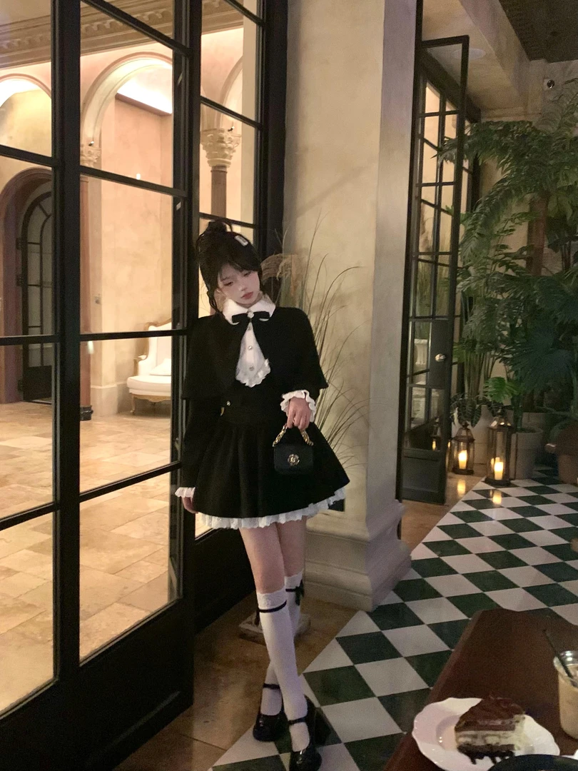 法式千金风贵气气质名媛时尚套装蝴蝶结斗篷披肩+撞色连衣裙秋季