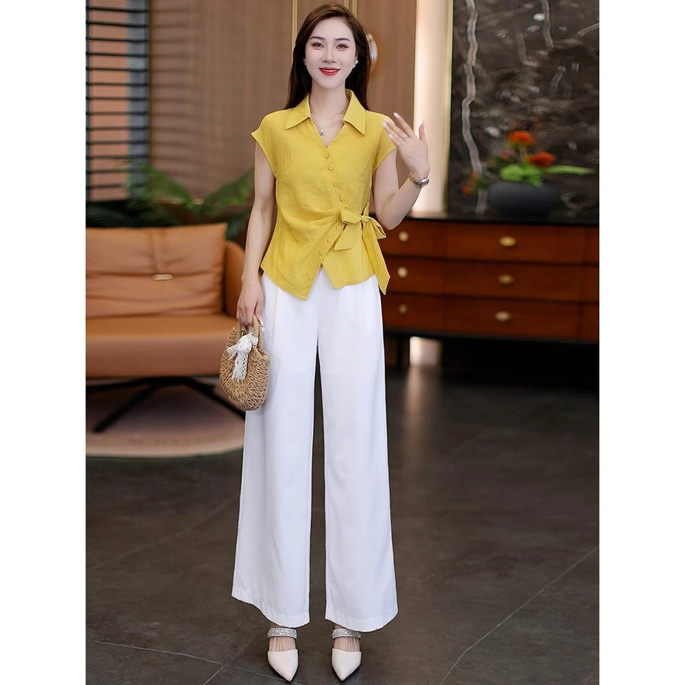 时尚套装女2025夏季新款洋气质显瘦绑带收腰短袖衬衫阔腿裤两件套