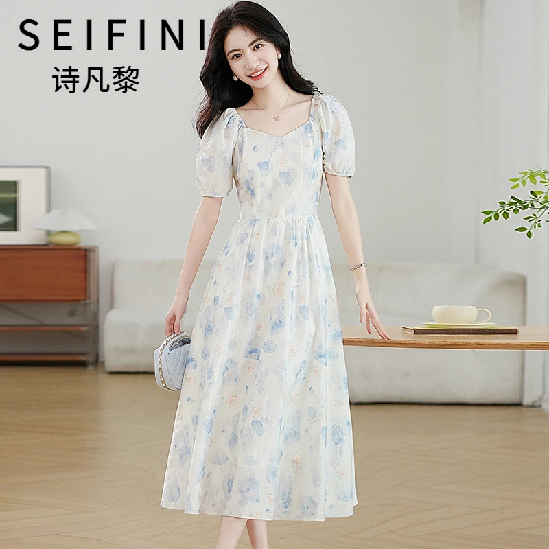 SEIFINI/诗凡黎折扣女装显瘦减龄连衣裙法式气质长裙泡泡袖裙子潮