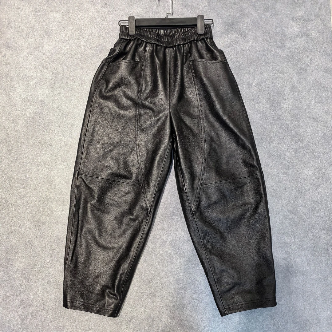 【薪多多推荐】慵懒风休闲裤复古长裤松紧腰皮裤-DUODUO-825