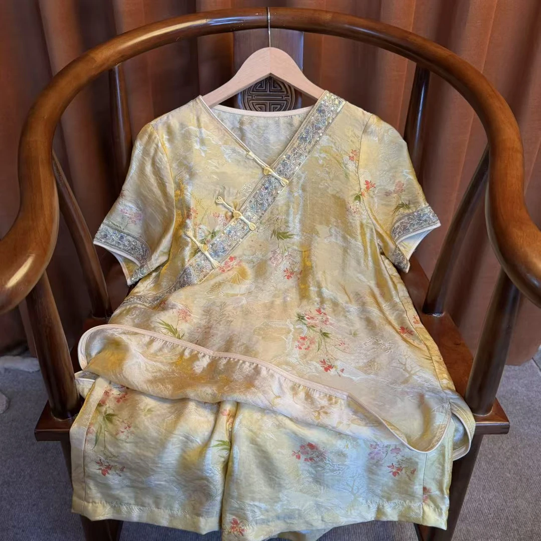 【拾欣】新中式斜襟国风套装夏季新款洋气时尚薄款短袖上衣两件套