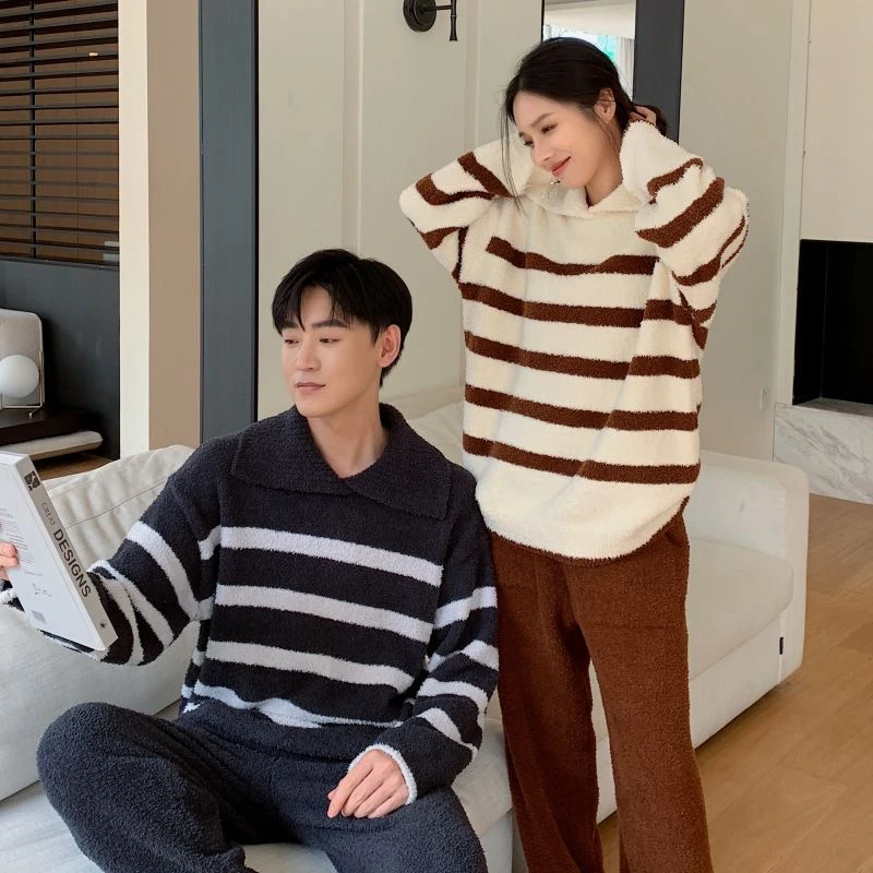 【妍凯琳】半边绒条纹翻领套头家居服套装长袖情侣休闲秋冬加厚加厚