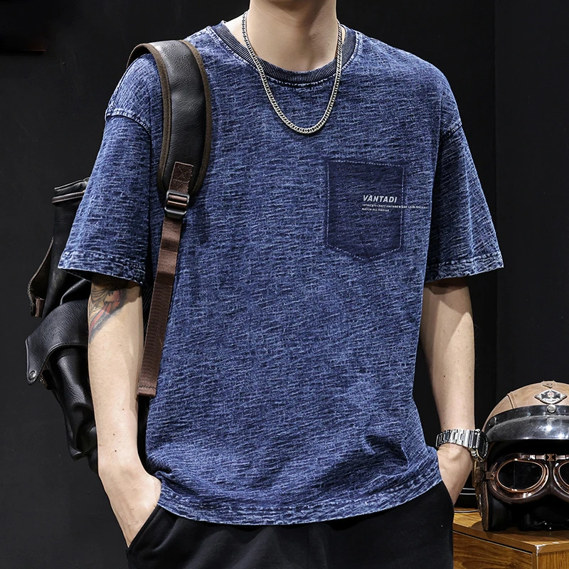 LEIGHZ/雷茨短袖t恤男士夏季新款高端美式水洗重磅竹节牛仔体恤