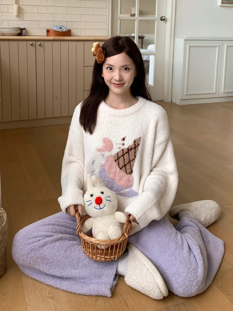 甜美女生绒款半边绒睡衣长袖保暖甜筒圆领睡衣冬季家居服套装女