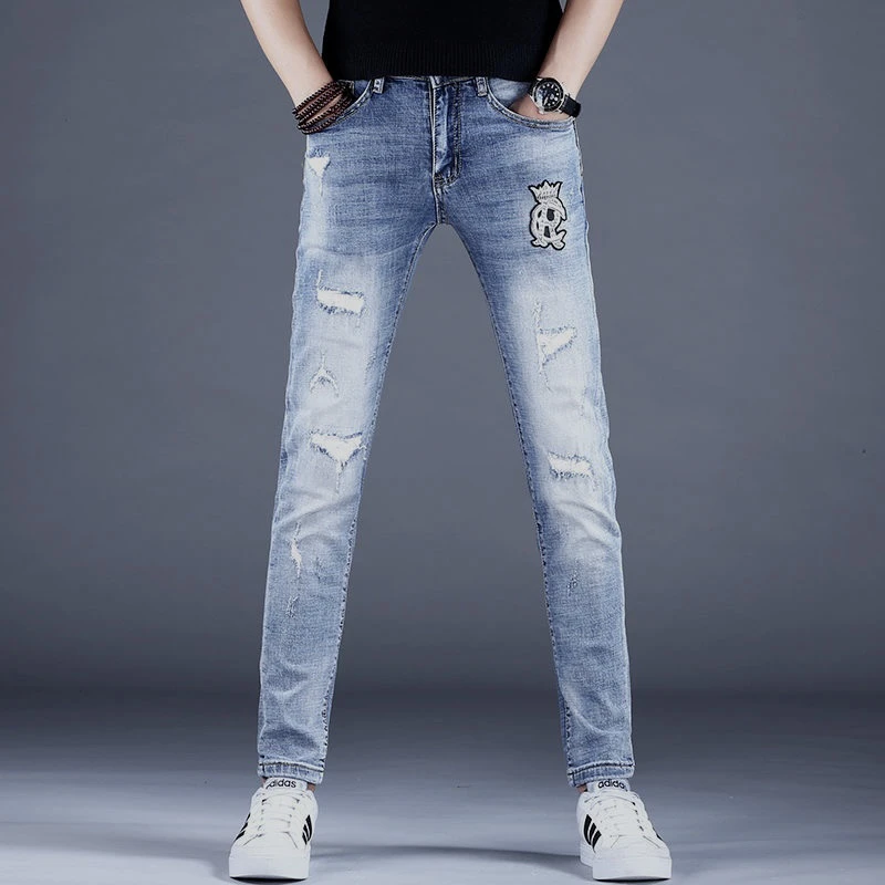 25夏季新潮流个性A772重工破洞时尚痞帅百搭修身小直筒男士长裤