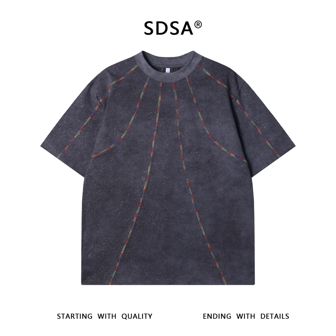 夏季高级感新款韩系满天星彩色缝线圆领短袖T恤休闲情侣宽松上衣