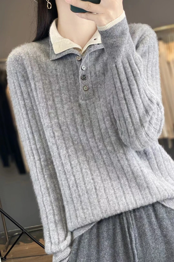 双层半开立领高领系扣羊毛衫 假两件毛衣 女士秋冬新款宽松打底衫