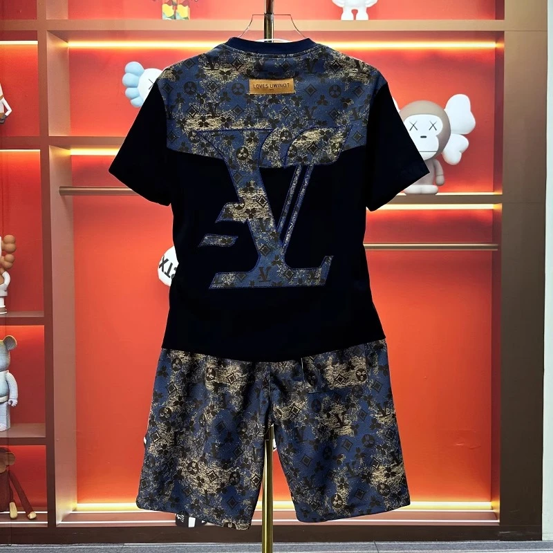 PONDEHEFOT普丹希斐新款夏季短袖短裤套装男拼接贴布印花两件套