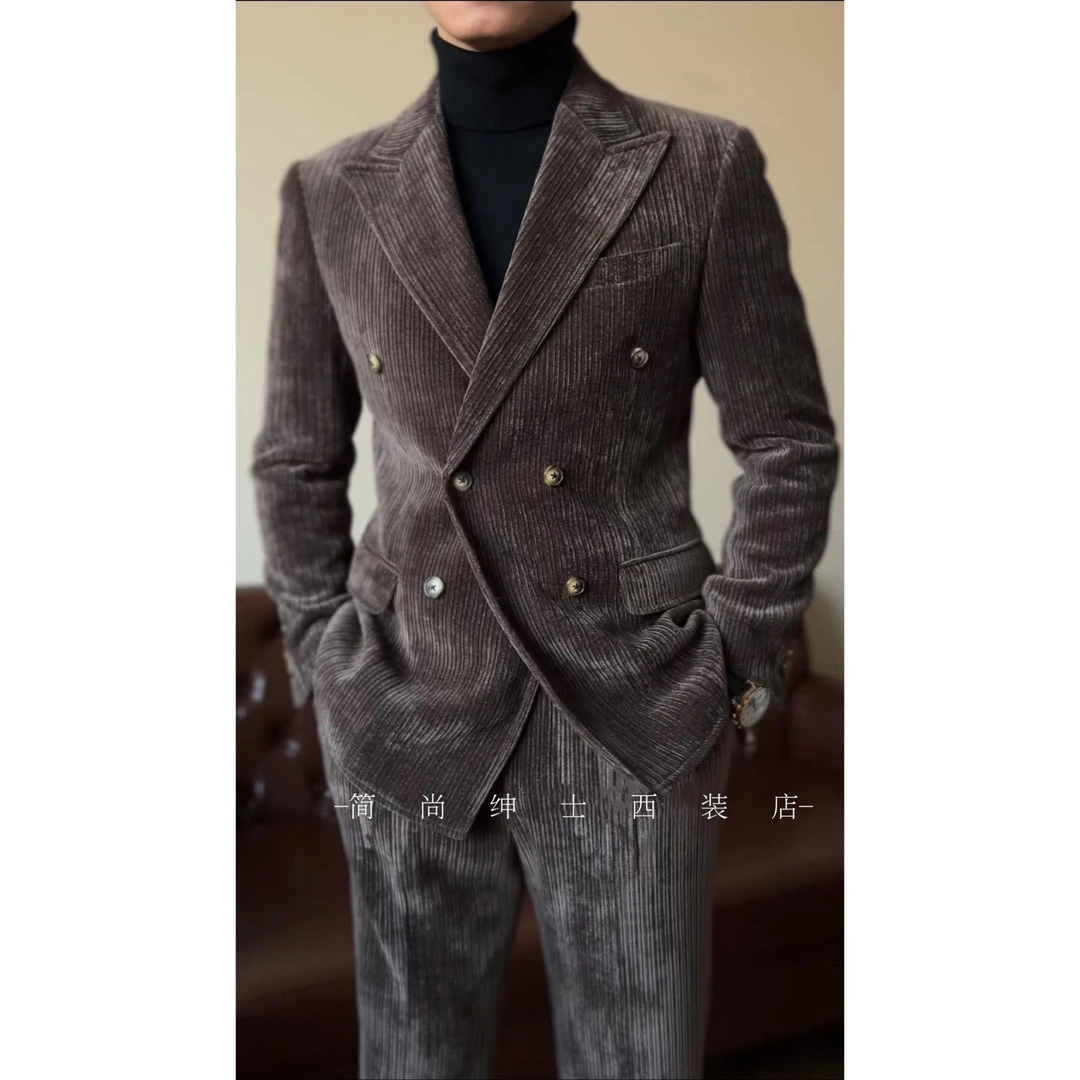 新款雪尼尔绒加厚双排扣西装套装秋冬气质戗驳领双开衩男士