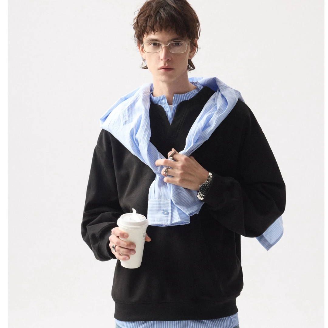 男道美式学院风假两件V领套头宽松卫衣男女2025新款简约百搭上衣