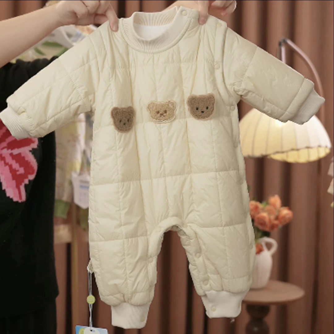 【专属福利】婴儿秋冬薄棉连体衣宝宝可爱卡通小熊侧开棉哈衣爬服