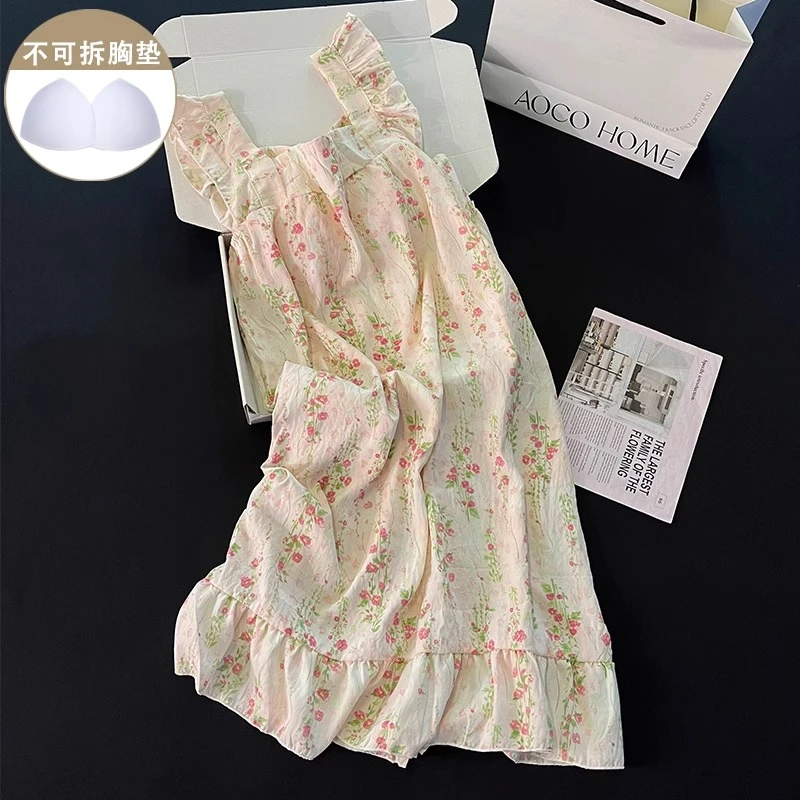 3号链接云朵棉睡裙女新款夏天莫奈花园短袖睡衣空调带胸垫家居服