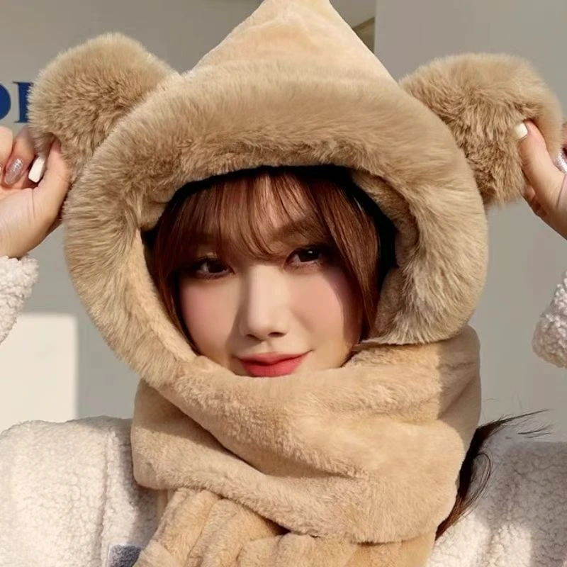 三件套围巾网红毛绒套装保暖帽护耳连帽秋冬季韩版