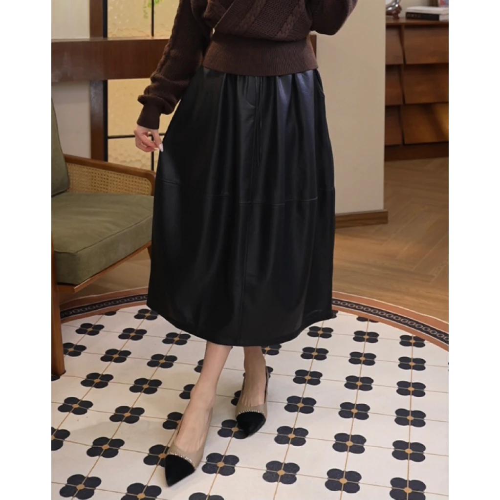 2025秋冬新款【7979】复古港风黑色A字松紧腰抽绳大摆法式半身裙子