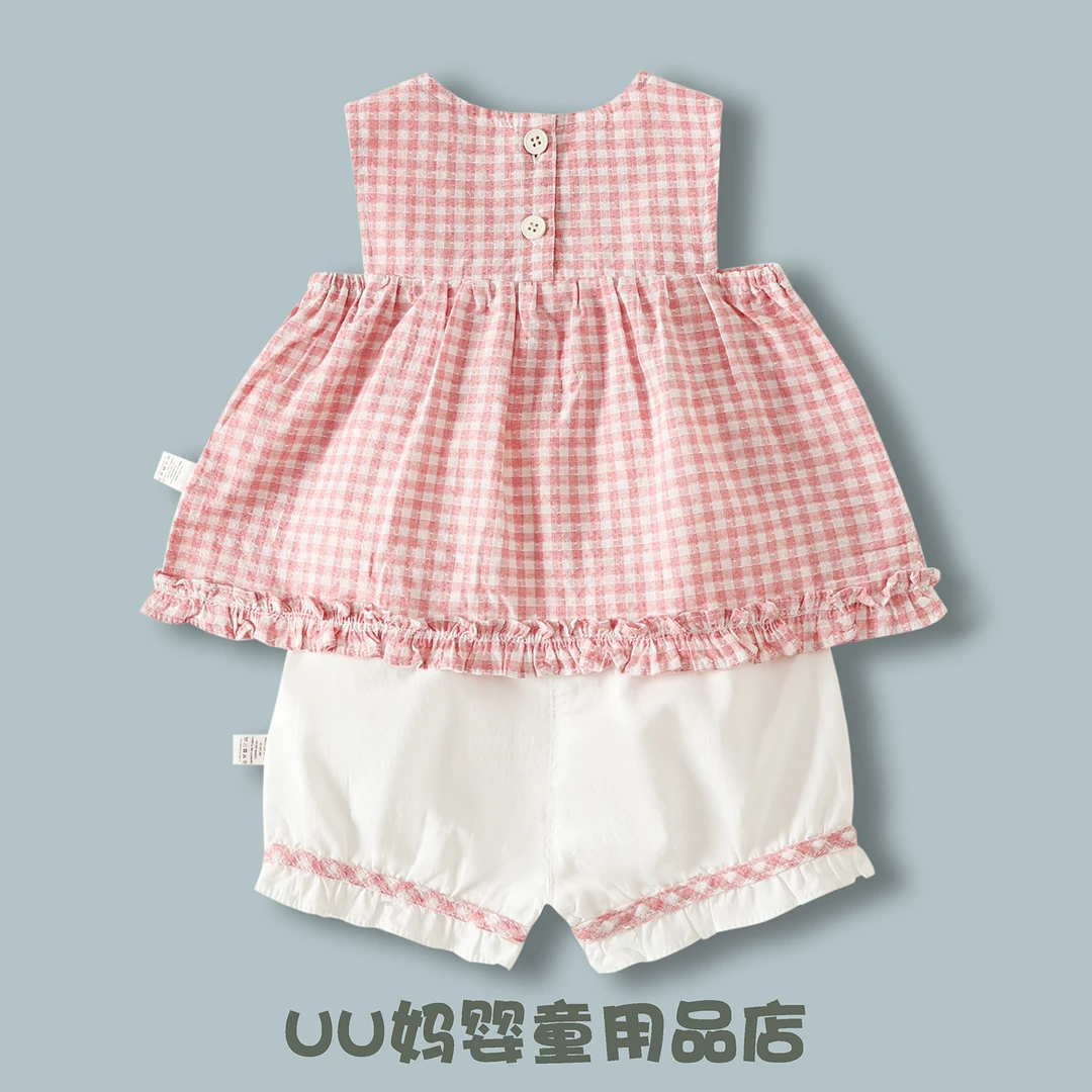 【夏款】2025婴儿女童夏季套装格子无袖上衣+短裤女宝宝两件套