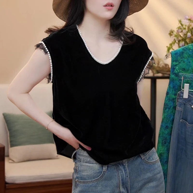 新款夏季V领时尚百搭拼接蕾丝花边上衣LK2503686