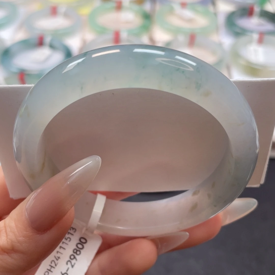 翡翠手镯未镶嵌56冰胶细润蓝碎花带洒金30号