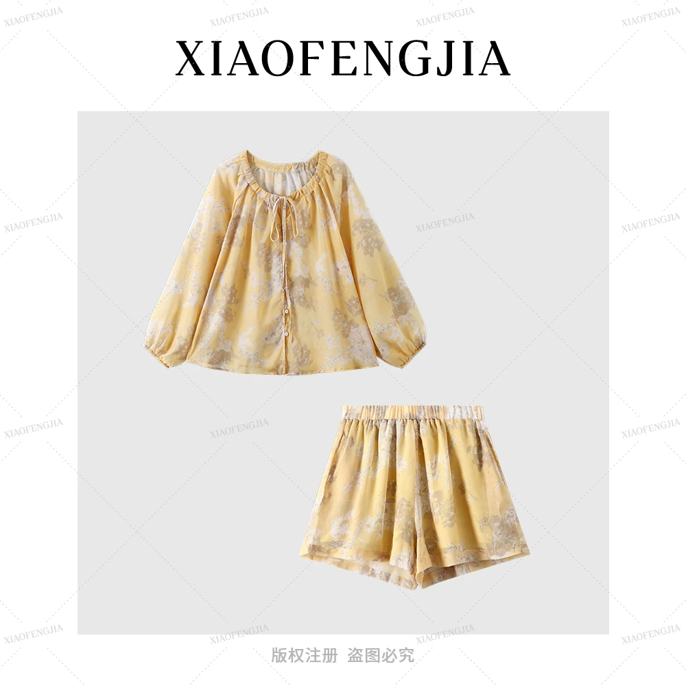 2025 夏季新款【四季青小封家轻奢】防晒长袖印花小衫+短裤套装2536