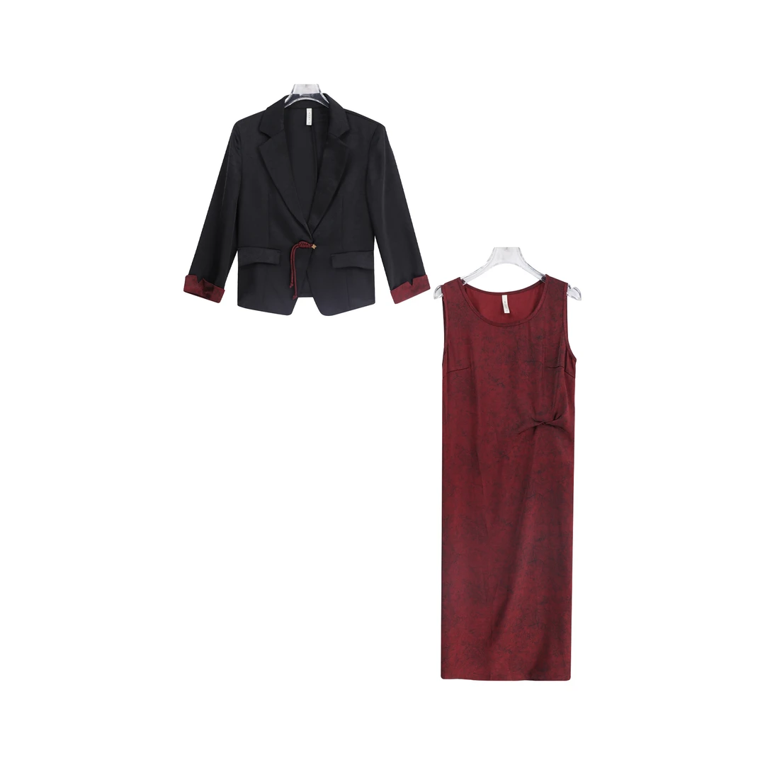 时尚气质修身印花连衣裙中式复古西装外套两件套A14641