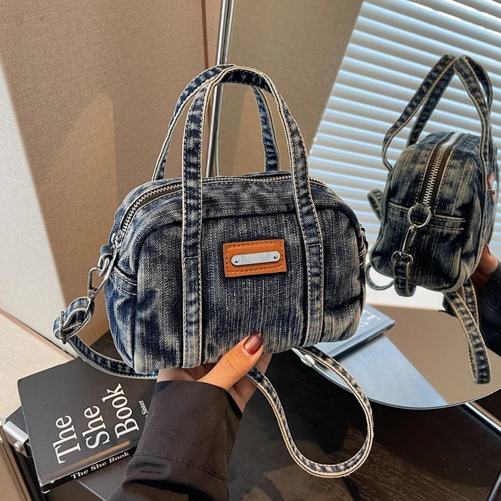 2025新款牛仔布手提波士顿包包女质感简约时尚保龄球包单肩斜挎包