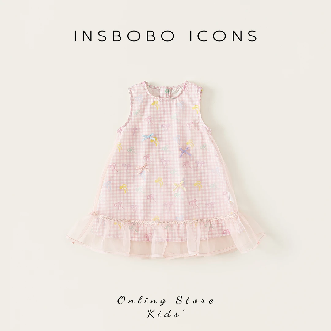 INSbobo女童蝴蝶结网纱公主裙格子圆领无袖网纱蝴蝶结装饰XQ25275
