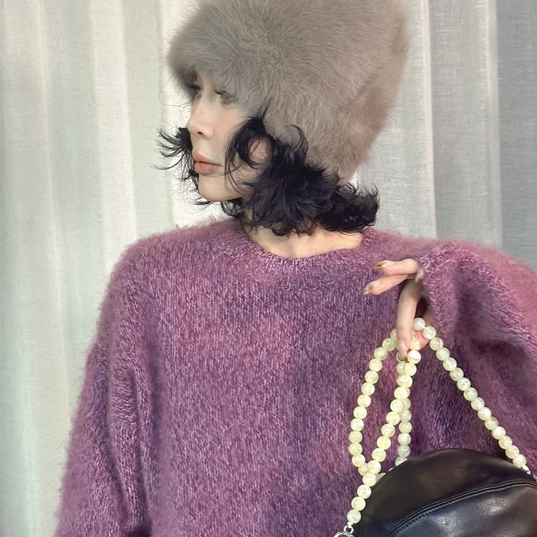 100%绵羊毛慵懒风花纱软糯保暖圆领针织上衣KY2596