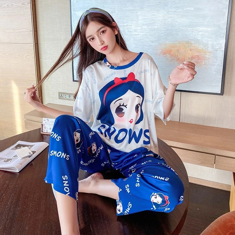 夏季白雪公主三件套冰雪丝家居服冰丝透气宽松圆领舒适睡衣可外穿