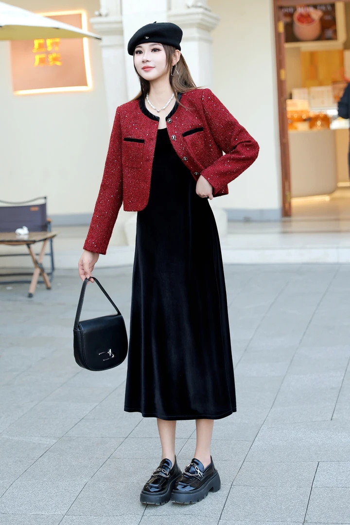 VV新款亮片小香风里外套裙两件套12813