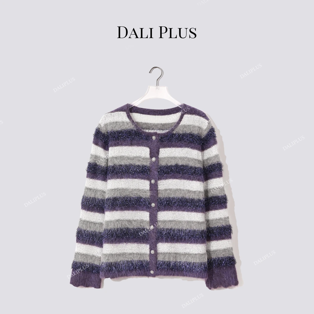 DALI PLUS“苏力羊驼毛条纹毛衣”灰蓝紫拉毛针织衫女装-D5MM3417