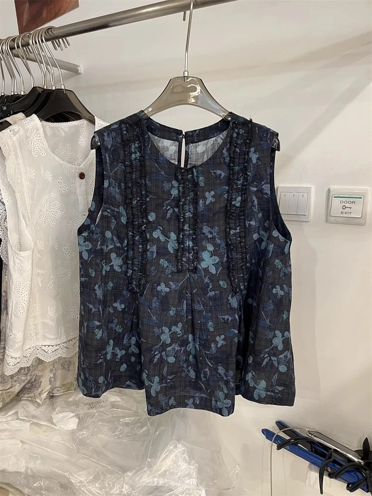 无袖碎花衬衫女2025夏季新款今年流行的小衫复古时尚小个子上衣潮