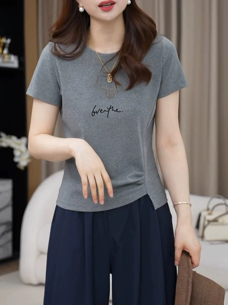 新款小C腰侧压褶欧货灰色不规则修身上衣潮夏季圆领显瘦短袖t恤女