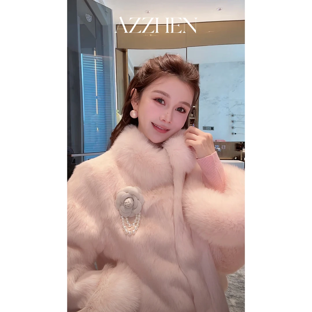 AZZHEN【奶兔冒泡】芬兰进口百百兔毛狐狸毛拼接皮草