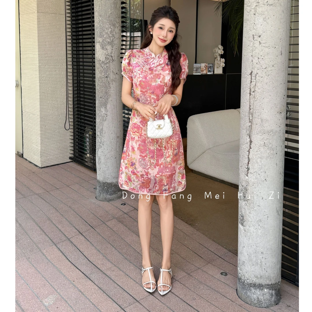 无印心匠B25219-1 双层短袖短袖印花国风修身旗袍裙旗袍 K894