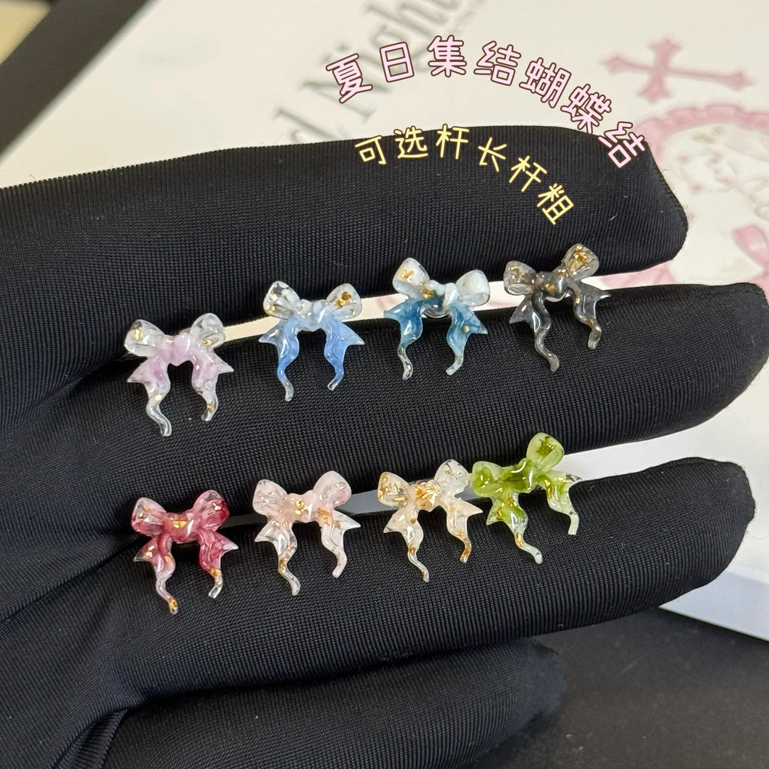 钛钢合成锆石耳饰 可选杆长杆粗蝴蝶结钛钢螺丝拧耳骨钉小众甜美