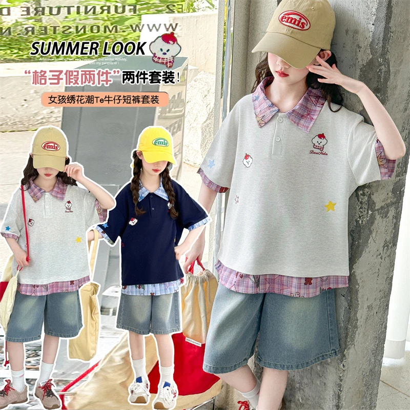 女童夏季韩版休闲假两件短袖T恤中大童洋气polo衫儿童夏装上衣潮t
