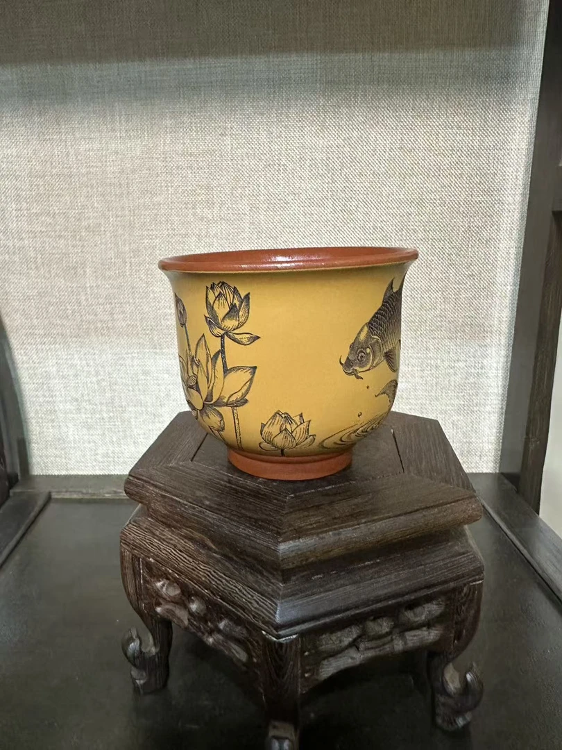 宜兴岁颐传砂精美荷花锦鲤杯
