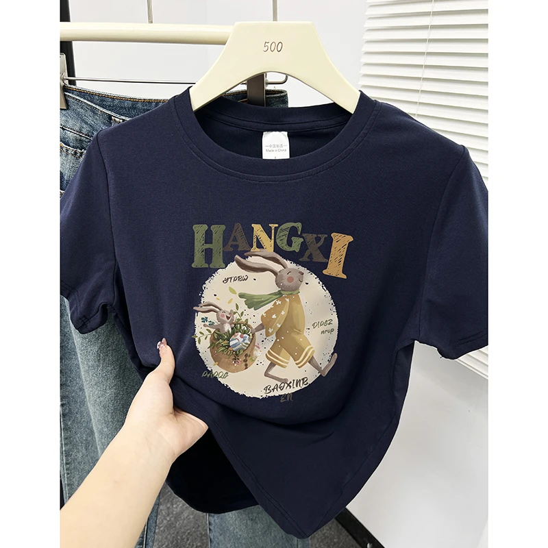 正肩短袖T恤女夏季2025新款小个子圆领卡通小兔子印花显瘦上衣ins